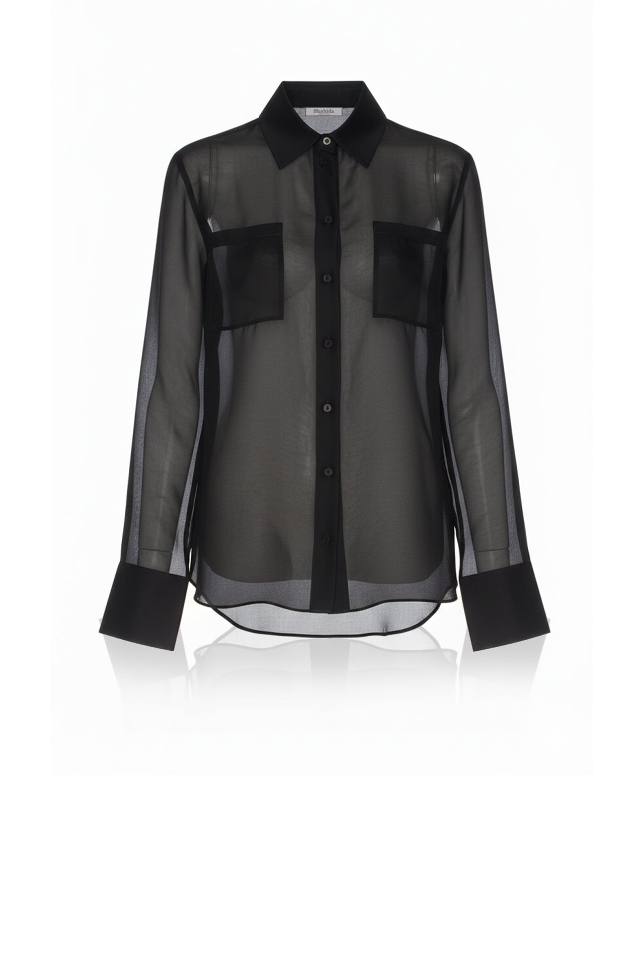 black sheer dress shirt S Organza Pocket Button-Up related:motya-dress-rose-flocked-black full button placket O'Neill Women's Julez Solid Color:Storm
