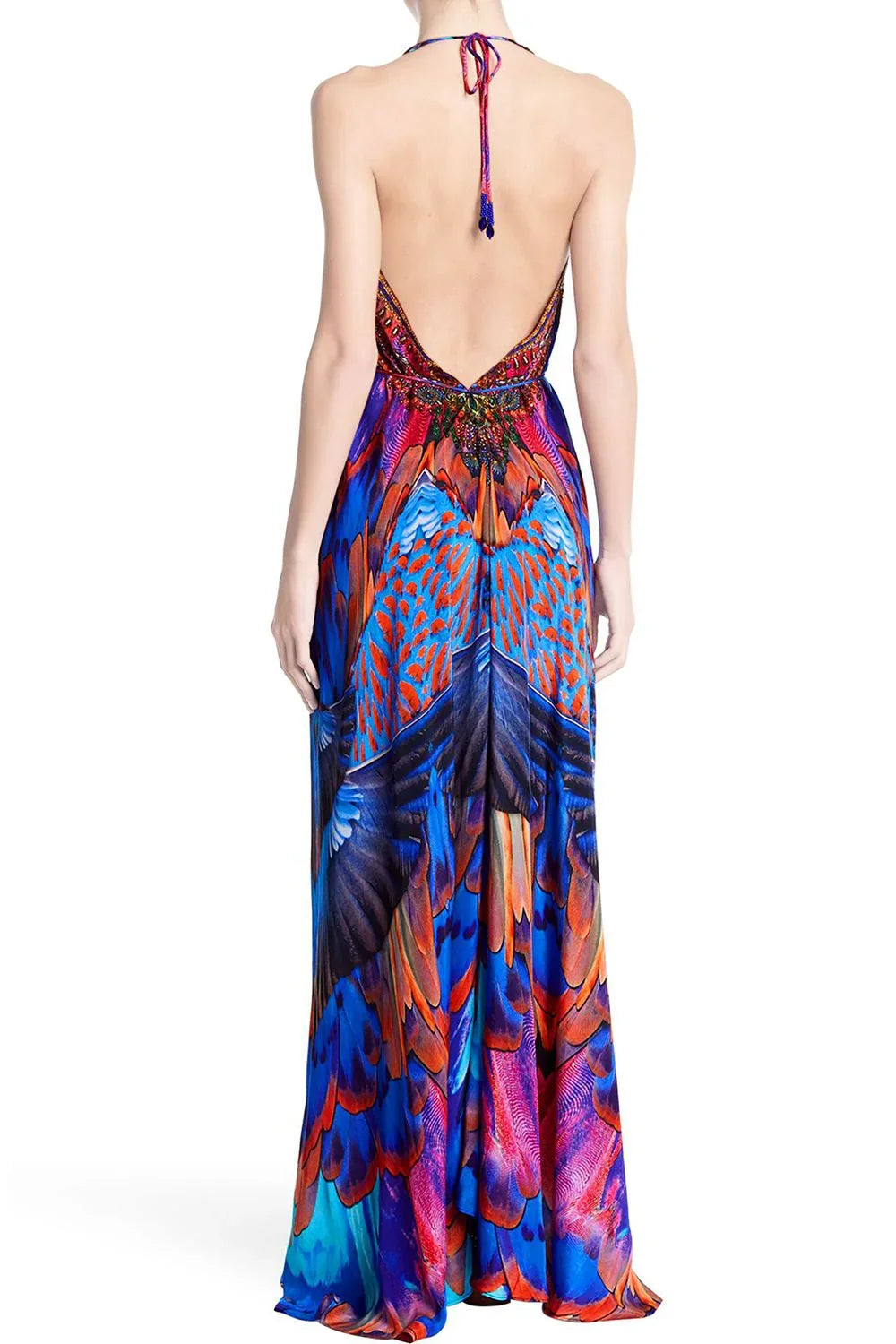 Blue & Red Feather Print Halter Maxi Dress | Shahida  Shahida Parides
