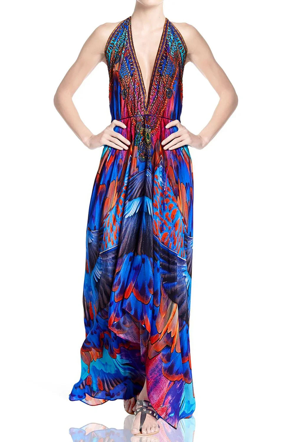 Blue & Red Feather Print Halter Maxi Dress