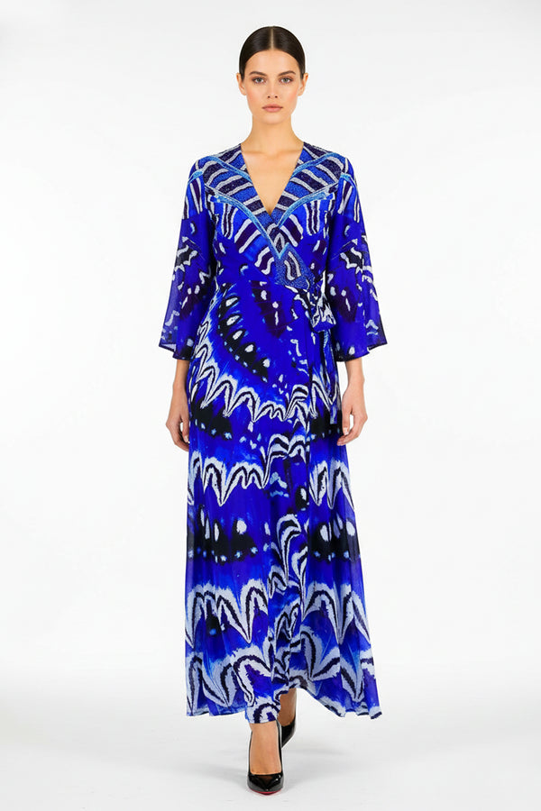 Blue Printed Wrap Maxi Dress with Sleeves