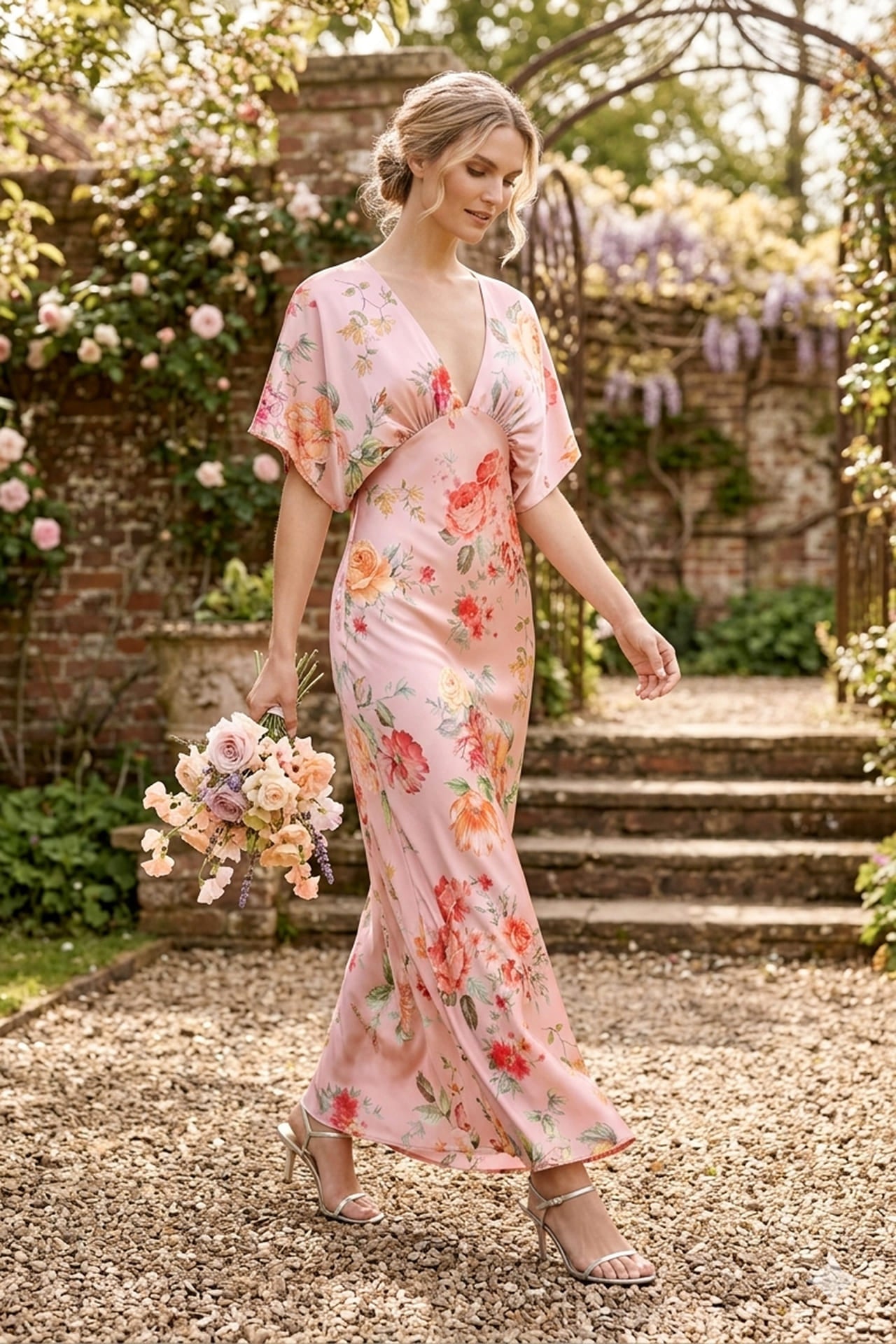 Blush Pink Floral Satin Bridesmaid Dress | Romantic Bridal Dress
