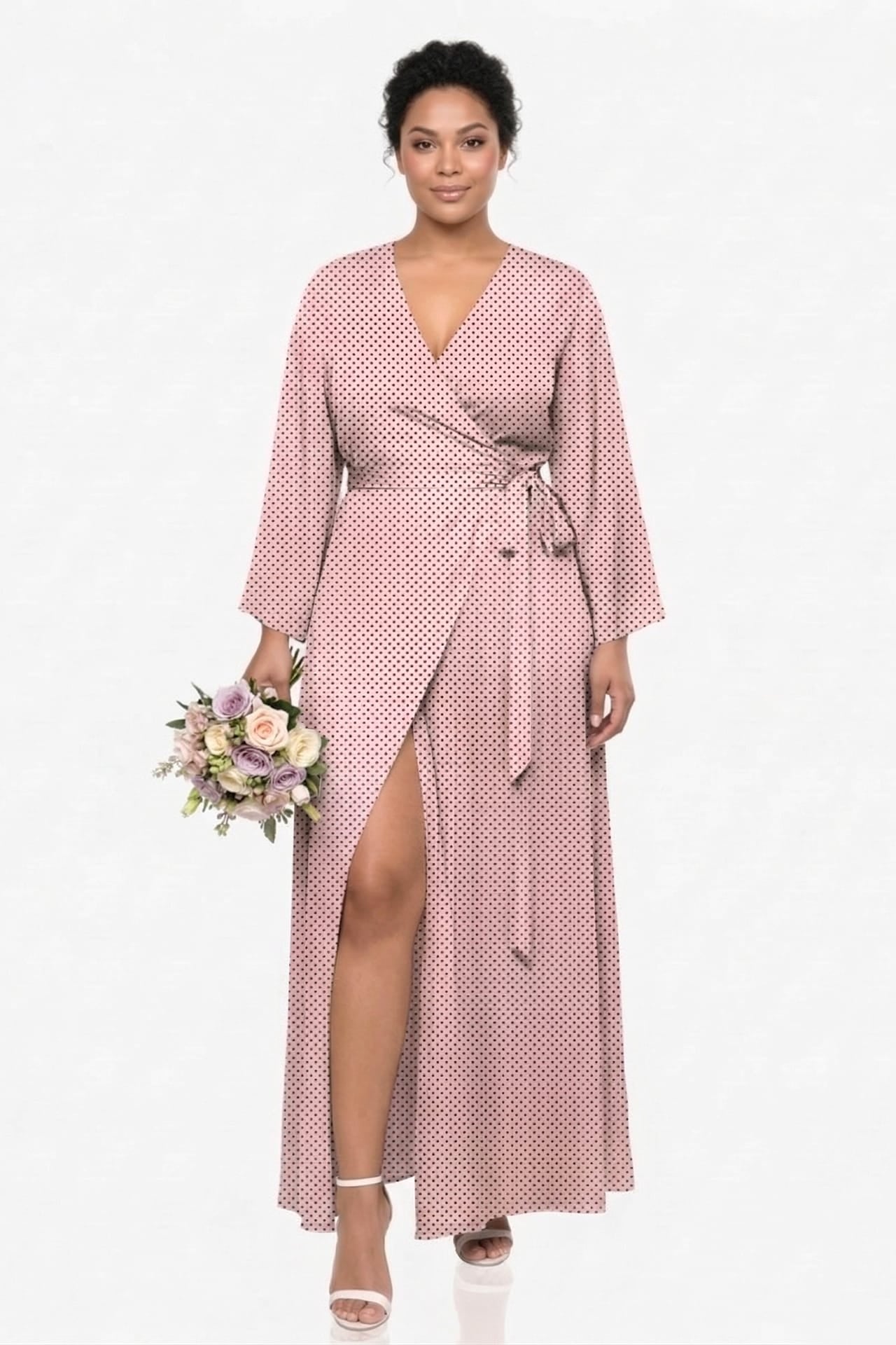 Standard / S Dusty Rose Polka Dot Satin V-Neck Wrap Maxi Dress with High Slit