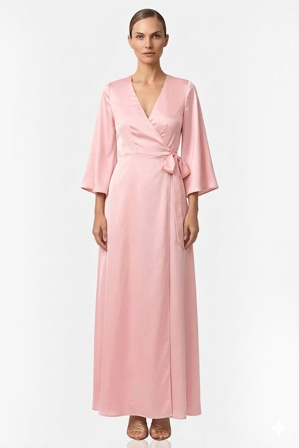 S Blush Pink Satin Wrap Bridesmaid Maxi Dress with Slit Long Sleeve S Blush Pink Satin Wrap Bridesmaid Maxi Dress with Slit Long Sleeve