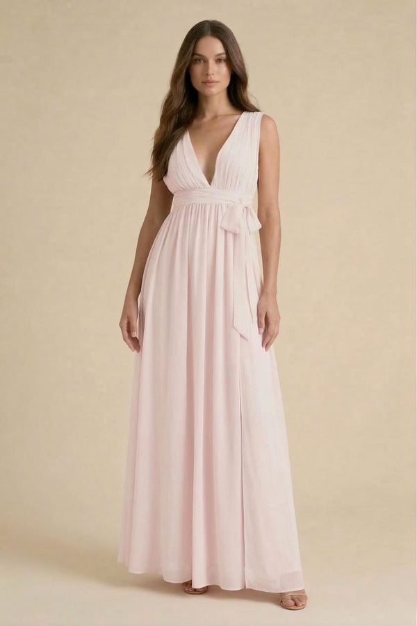 S / With Slit Blushing Pink V-Neck Bridesmaid Dress – Elegant Wedding Maxi Gown