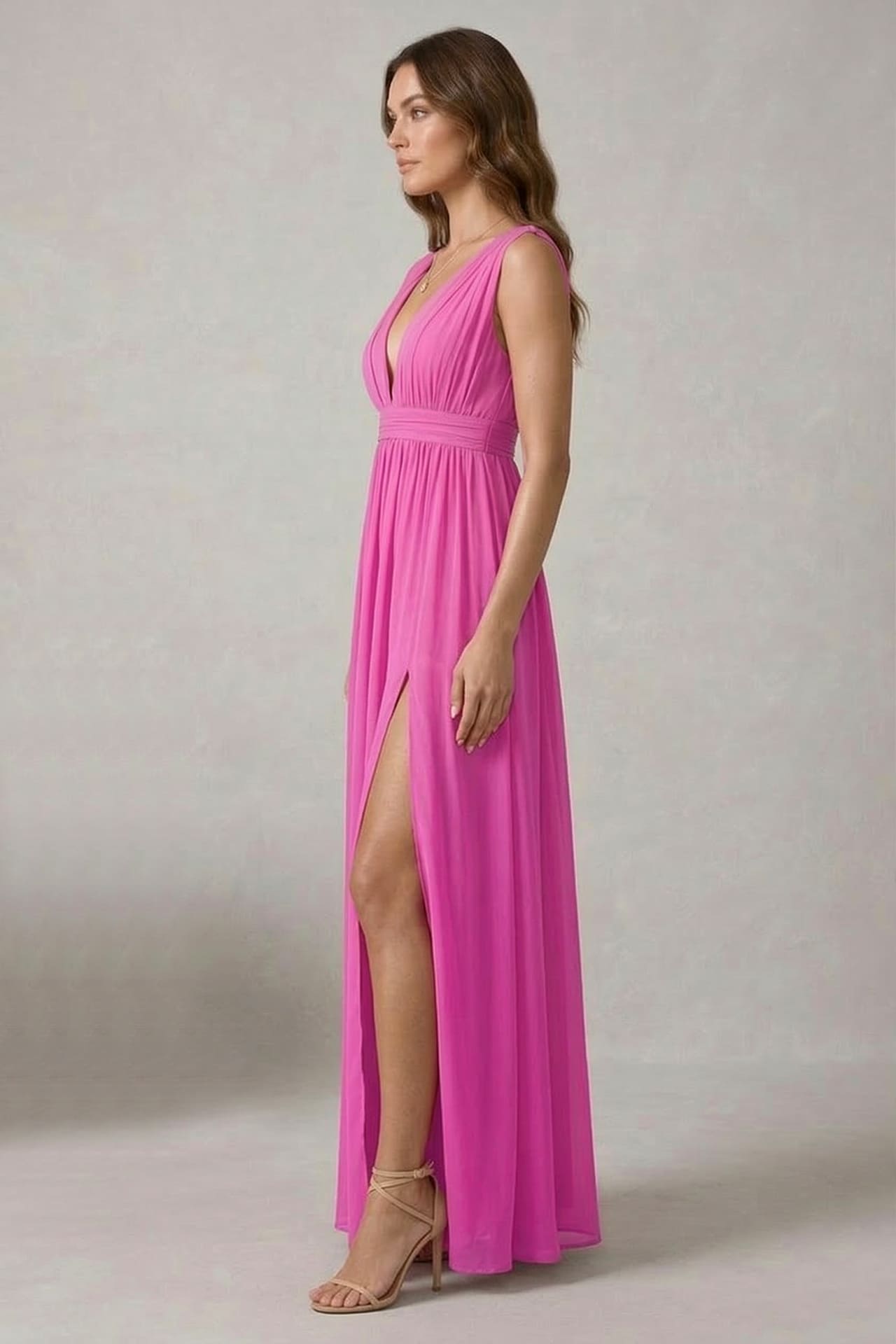 S / With Slit Fuchsia V-Neck Bridesmaid Dress – Bold Pink Elegant Maxi Gown
