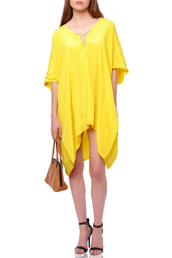  short dress yellow, ladies kaftan, short frock for women party wear, Shahida Parides, short silk dress,