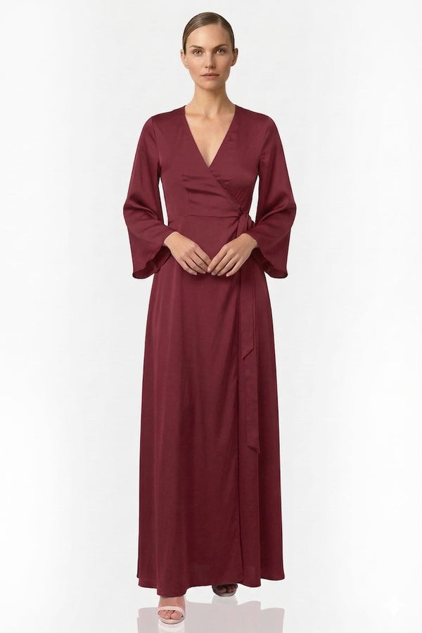 Burgundy Satin Wrap Maxi Bridesmaid Dress | Wine Red Dress