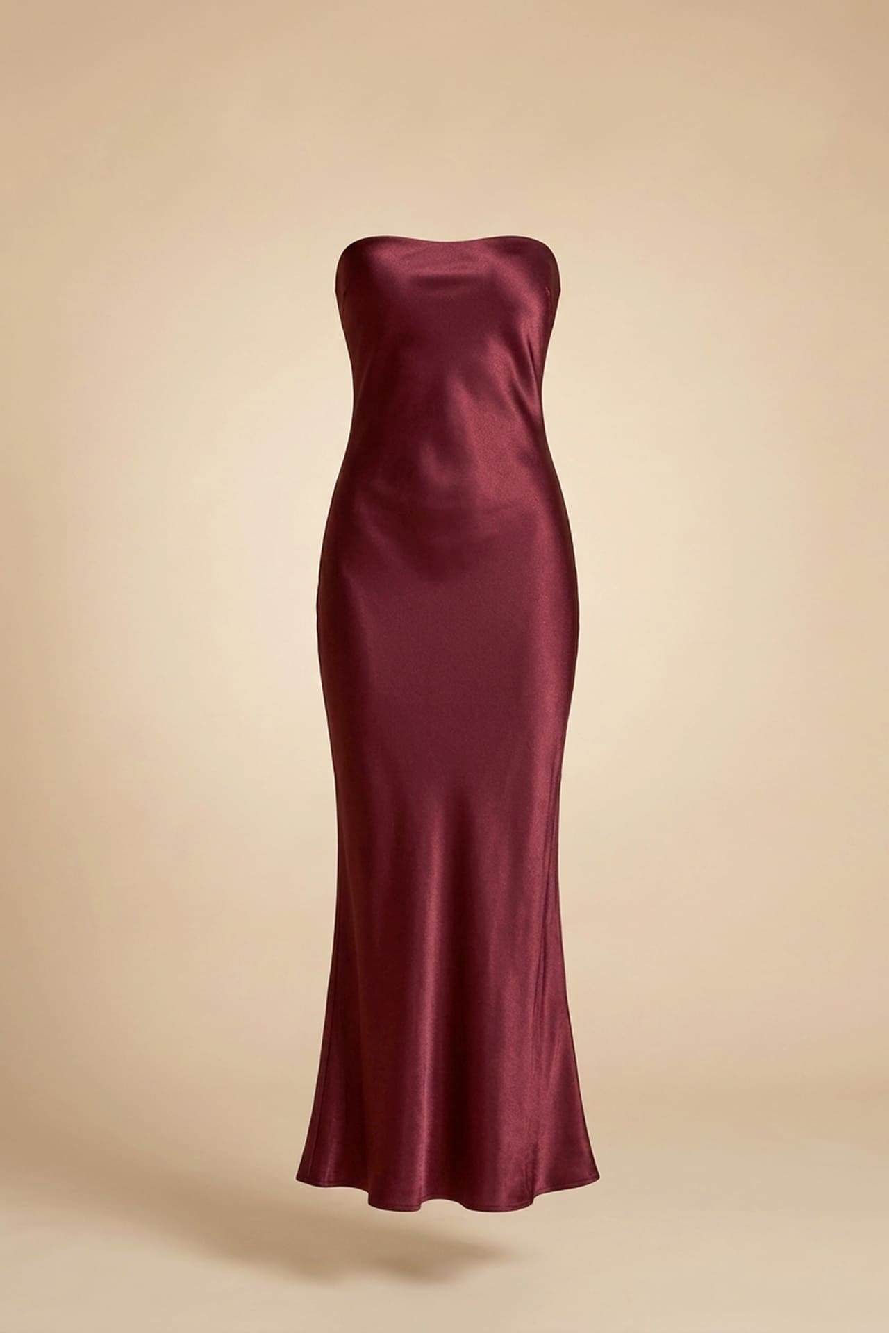 S Burgundy Strapless Satin Midi Dress for Formal Events