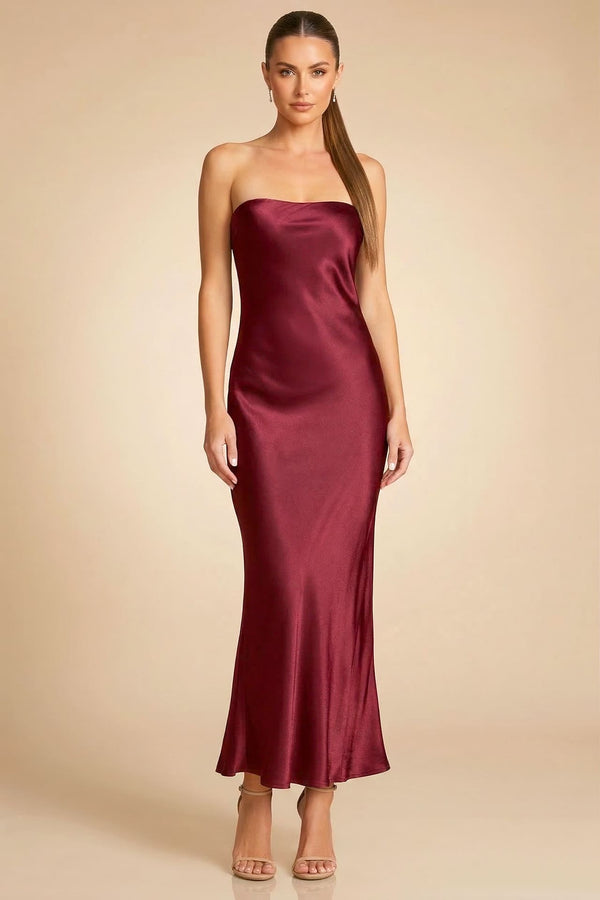 Burgundy Strapless Satin Midi Dress for Events Shahida Parides Burgundy Strapless Satin Midi Dress for Events Shahida Parides