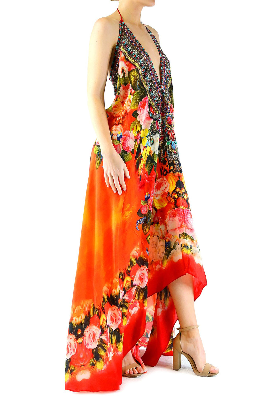  long dress orange, long satin dress, Shahida Parides, plus size maxi dresses, flowy maxi dress,