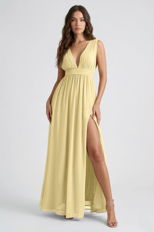 S / With Slit Butter Yellow Heaven Lightweight Chiffon Maxi Dress by Shahsi S / With Slit Butter Yellow Heaven Lightweight Chiffon Maxi Dress by Shahsi