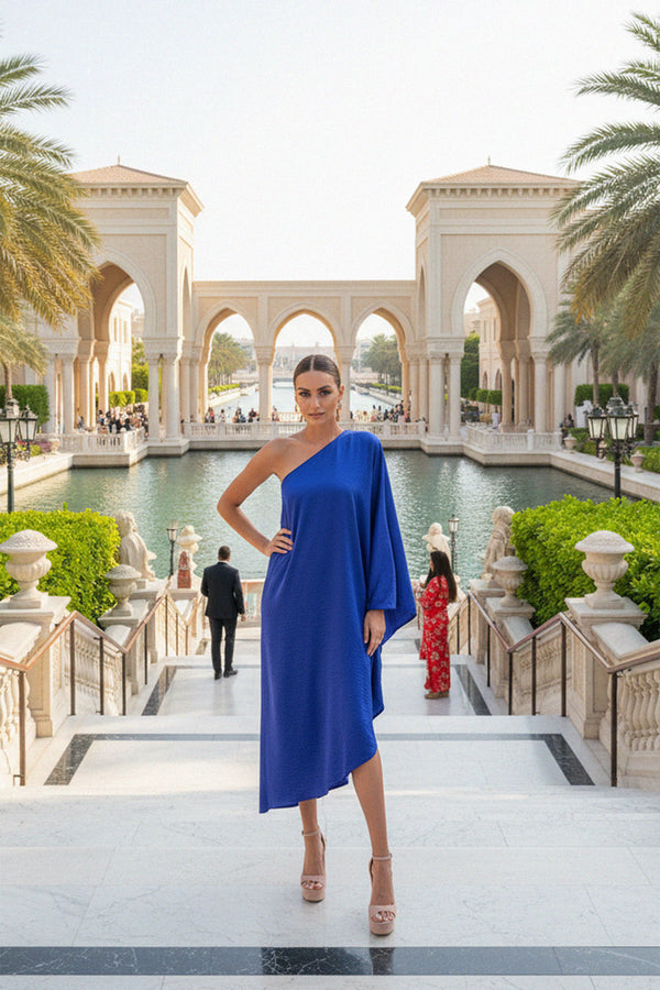 Designer Blue Midi Dress | One Shoulder Dress - Shahida Parides Extra Large Designer Blue Midi Dress | One Shoulder Dress - Shahida Parides Extra Large