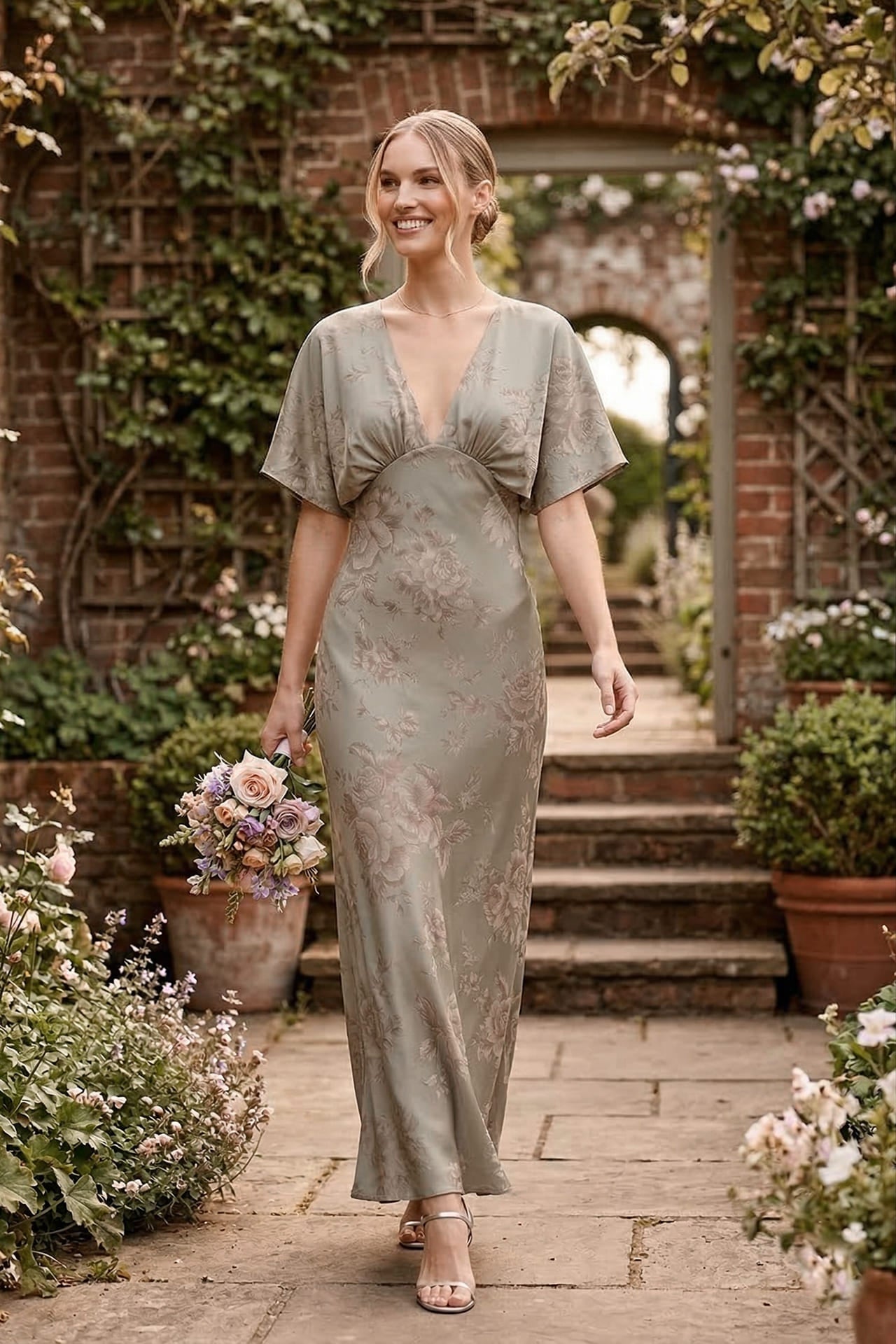 Shasi Taupe Floral Satin V-Neck Bridesmaid Dress | Shahida Shahida Parides Shasi Taupe Floral Satin V-Neck Bridesmaid Dress | Shahida Shahida Parides