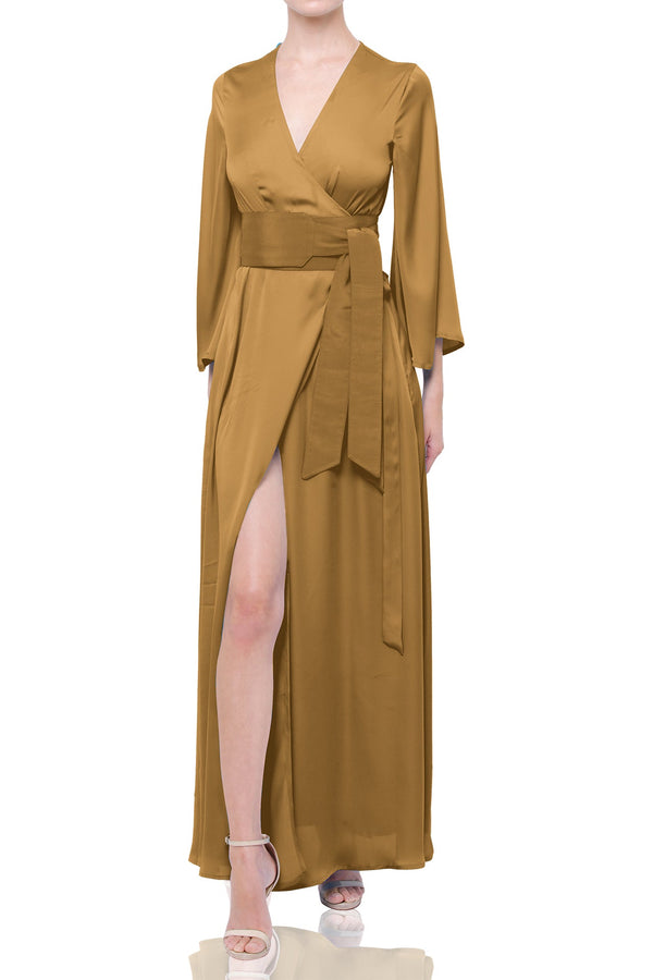 S Champagne Beige Satin Wrap Maxi Bridesmaid Dress Long Sleeve Wedding Gown S Champagne Beige Satin Wrap Maxi Bridesmaid Dress Long Sleeve Wedding Gown