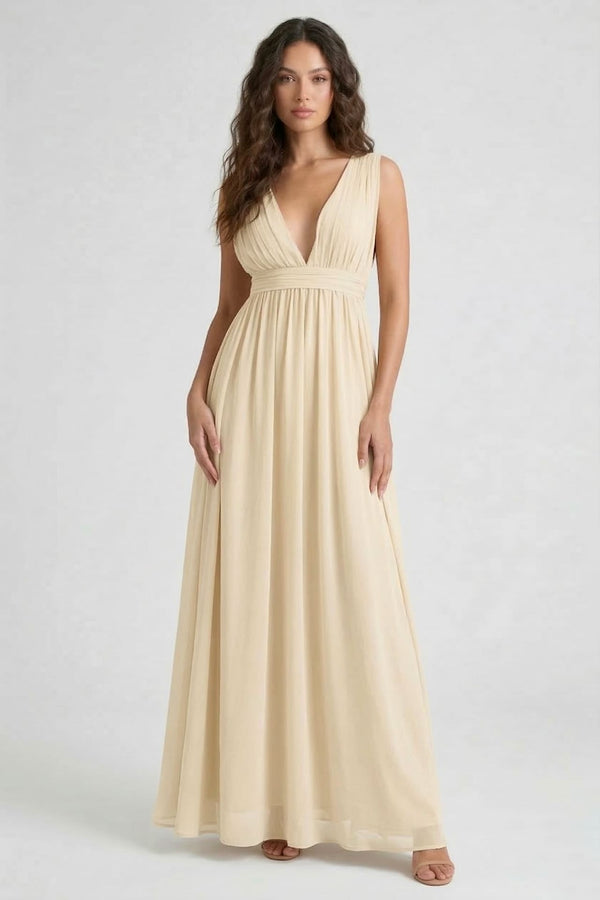 Champagne Chiffon Maxi Dress V-Neck | Shahida Shahida Parides Champagne Chiffon Maxi Dress V-Neck | Shahida Shahida Parides