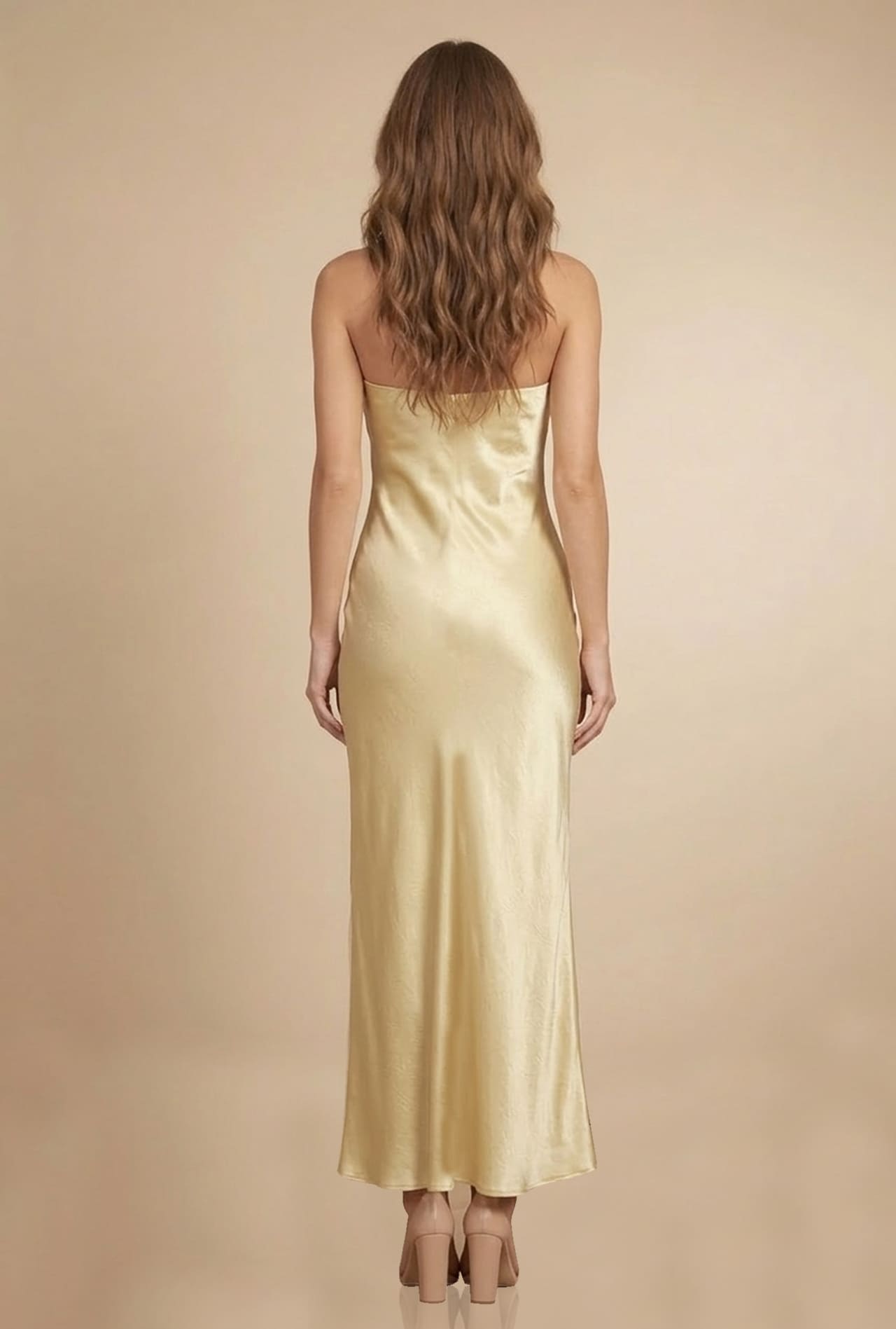 S Champagne Satin Strapless Dress for Wedding Guest