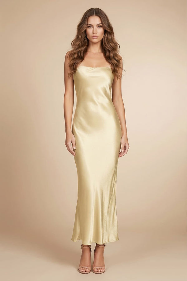 Champagne Strapless Satin Midi Dress for Weddings – Shahida Parides