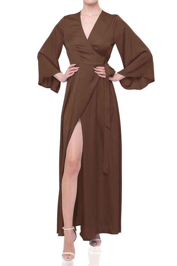 chocolate brown bridal dresses Chocolate Satin Wrap Maxi Bridesmaid Dress