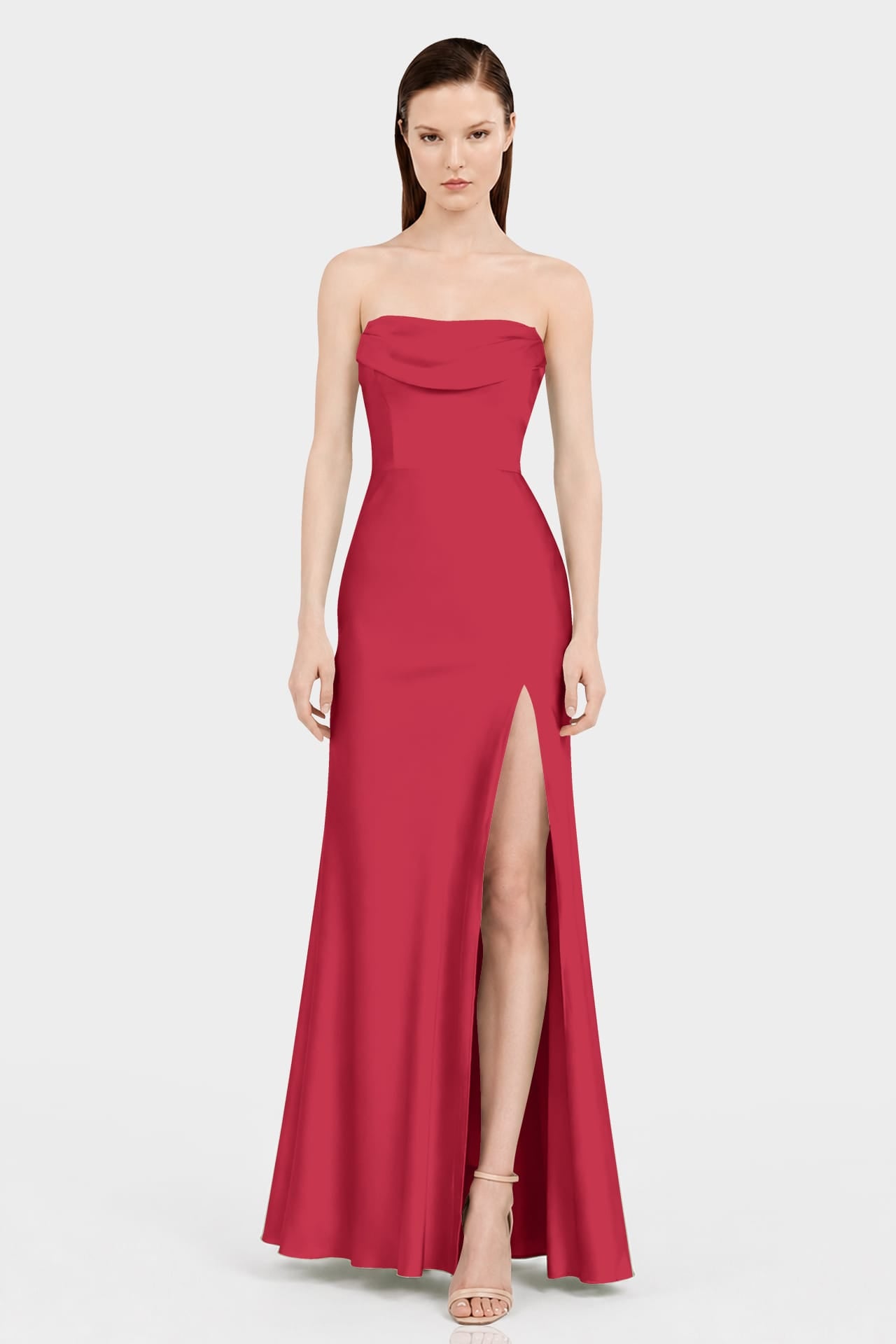 S Luxury Ruby Red Satin Convertible Bridesmaid Maxi Dress with Side Slit