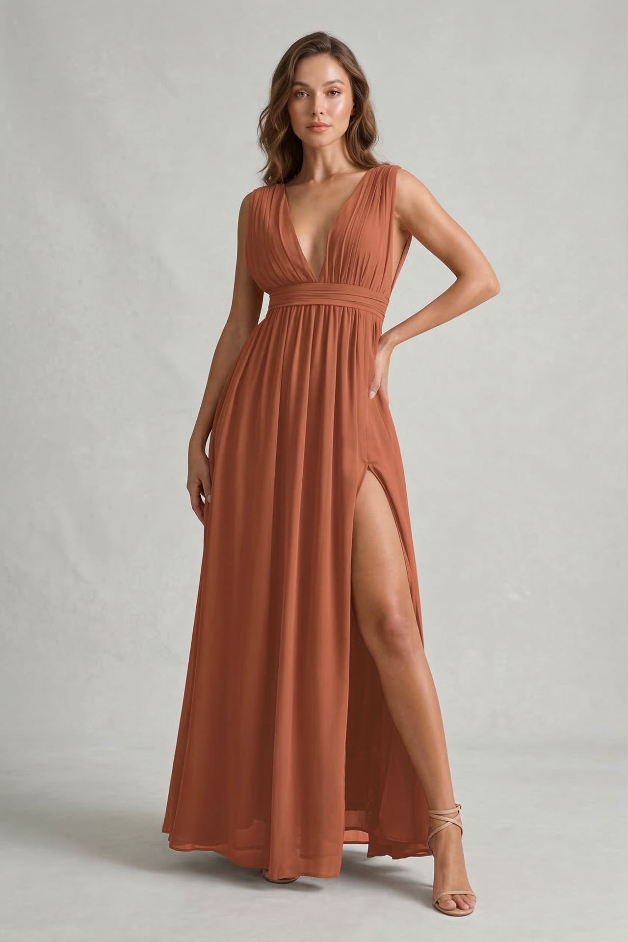 Copper Bridesmaid Dress V-Neck Metallic Maxi