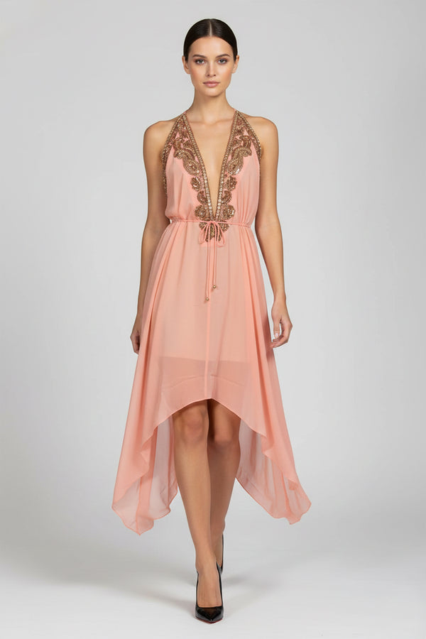 open lace back dress Coral Pink Midi Scarf Dress