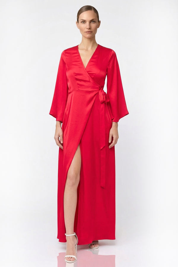 S Lava Falls Satin Wrap Maxi Dress  Long Sleeve Spring Summer Occasion Dress