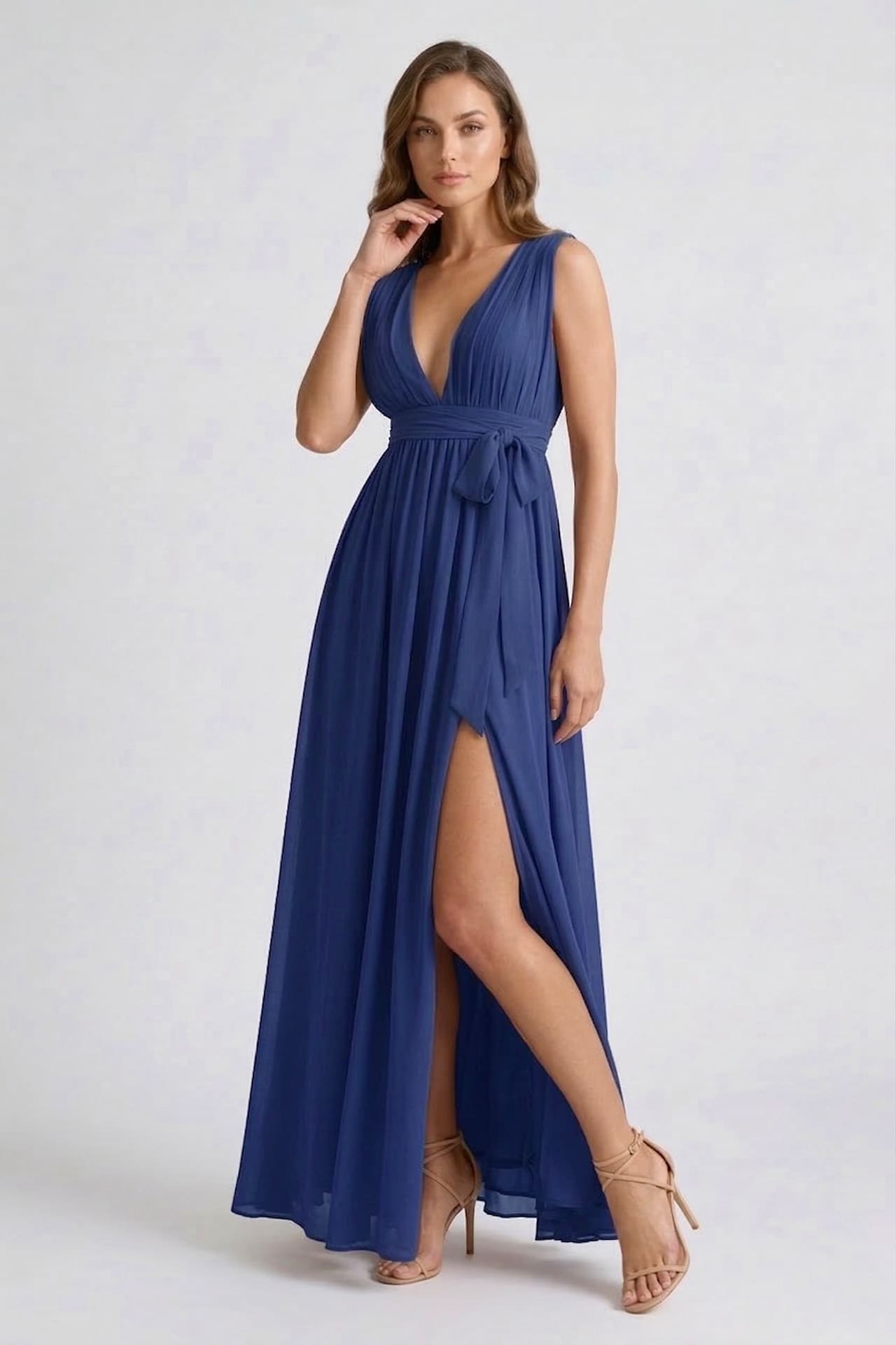 S / With Slit Dark Navy V-Neck Bridesmaid Dress Elegant Formal Maxi Gown S / With Slit Dark Navy V-Neck Bridesmaid Dress Elegant Formal Maxi Gown
