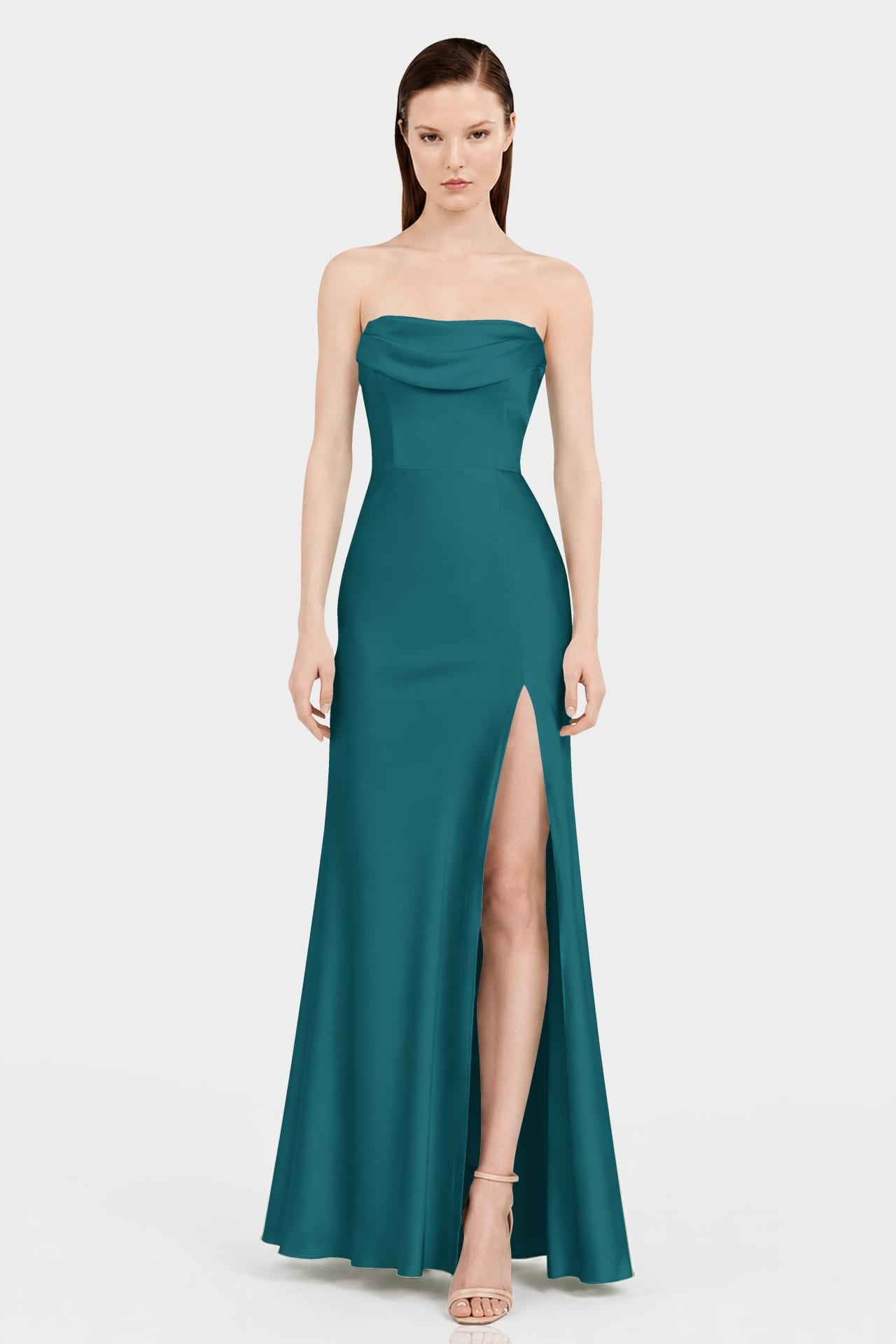 S Elegant Rich Teal Bridesmaid Dress in Matte Satin with Side Slit