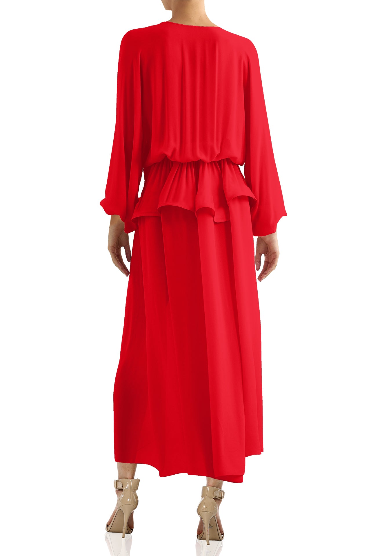 deep plunge red dress Halter Plunge Gown with Lace Overlay and High Slit 42724