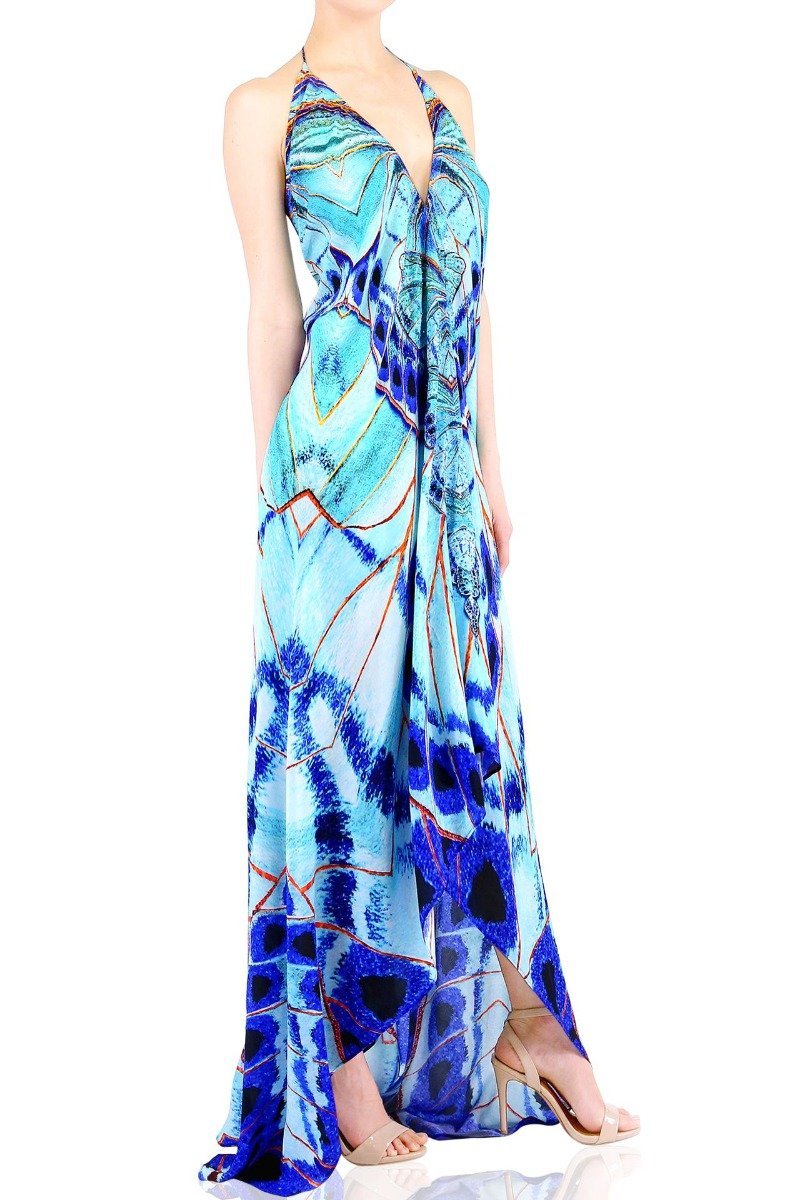  navy blue maxi dress, formal dresses for women, Shahida Parides, plunging neckline cocktail dress,
