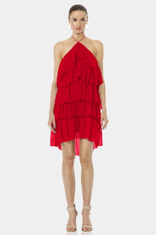 Small Red Halter Neckline Mini Ruffle Dress