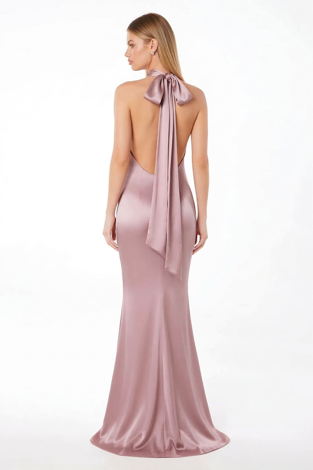 S Mauve Satin High Neck Crisscross Halter Maxi Dress – Elegant Mermaid Formal Gown