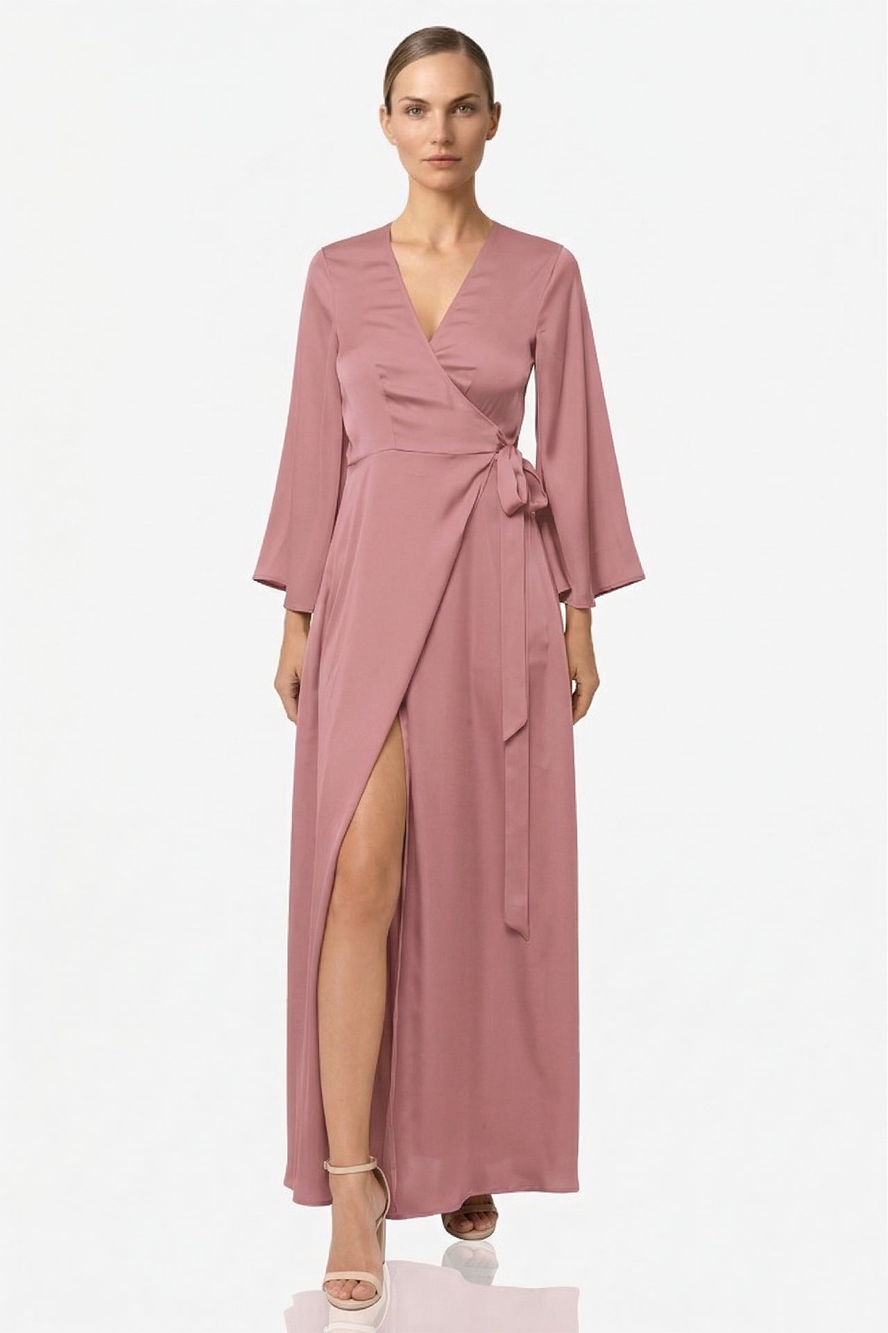 Dusty Rose Satin Maxi Wrap Bridesmaid Dress for Weddings | Shahida   Shahida Parides