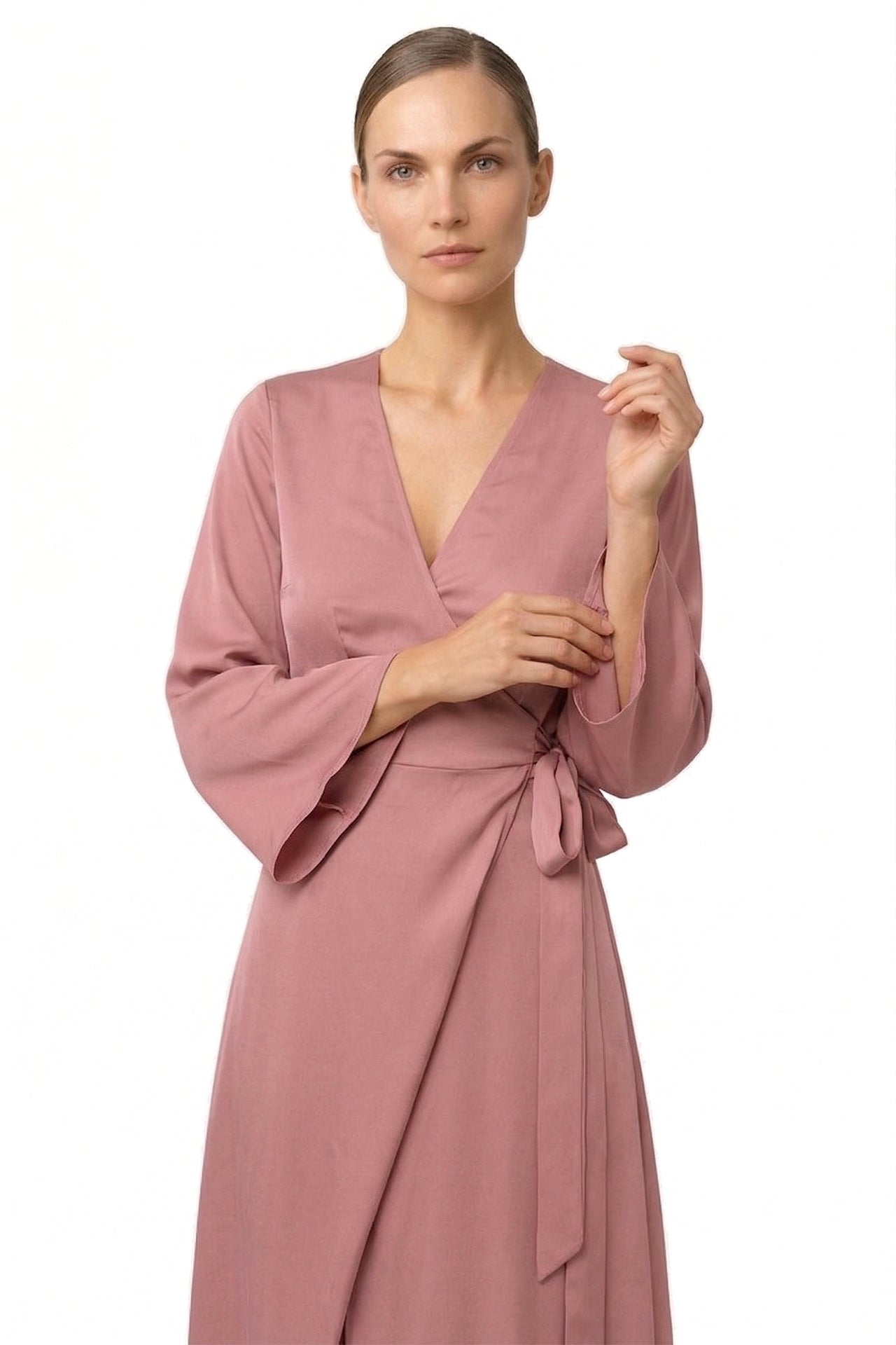 Dusty Rose Satin Maxi Wrap Bridesmaid Dress for Weddings | Shahida Shahida Parides Dusty Rose Satin Maxi Wrap Bridesmaid Dress for Weddings | Shahida Shahida Parides