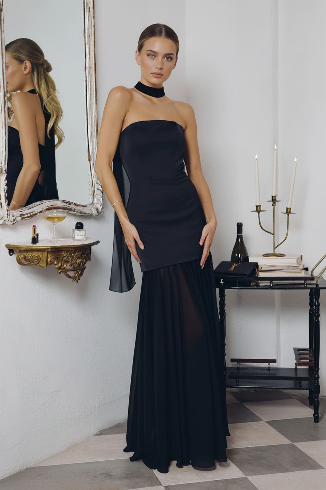 Black Strapless Satin Dress with Neck Scarf | Shahida Shahida Parides Black Strapless Satin Dress with Neck Scarf | Shahida Shahida Parides
