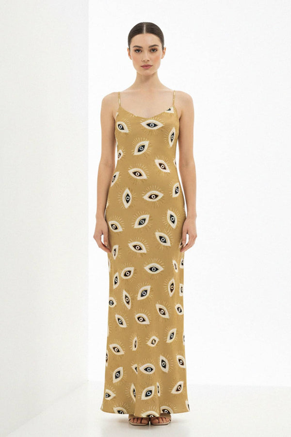 Small Evil Eye Print Long Silk Slip Dress