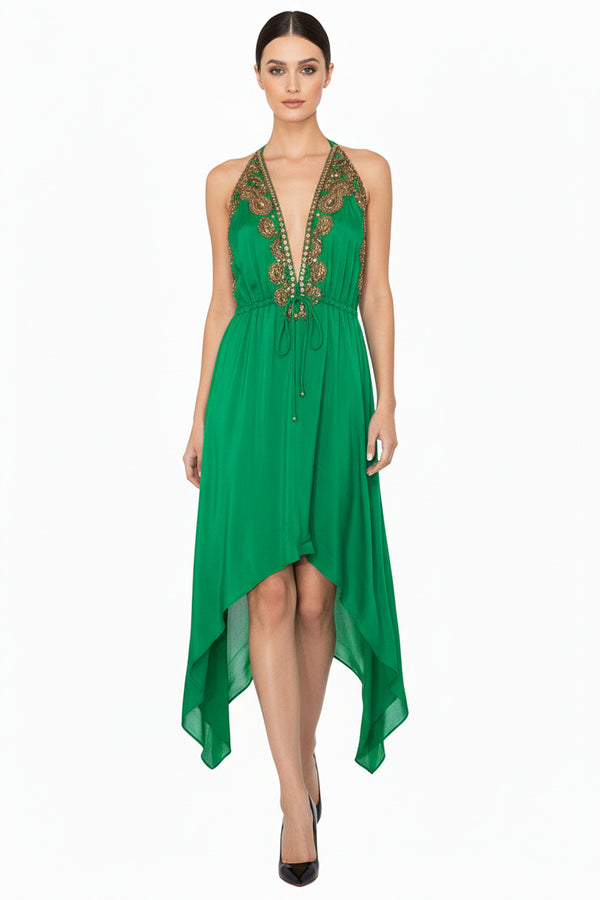 Emerald Hand-Embroidered Midi Dress