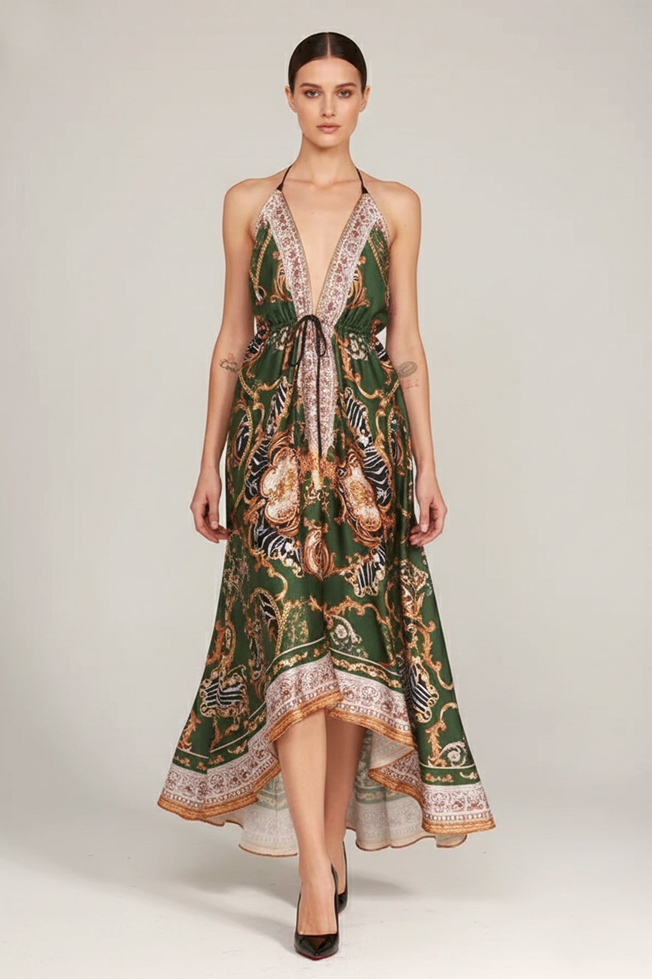 Emerald Green Animal Print Scarf Maxi Dress