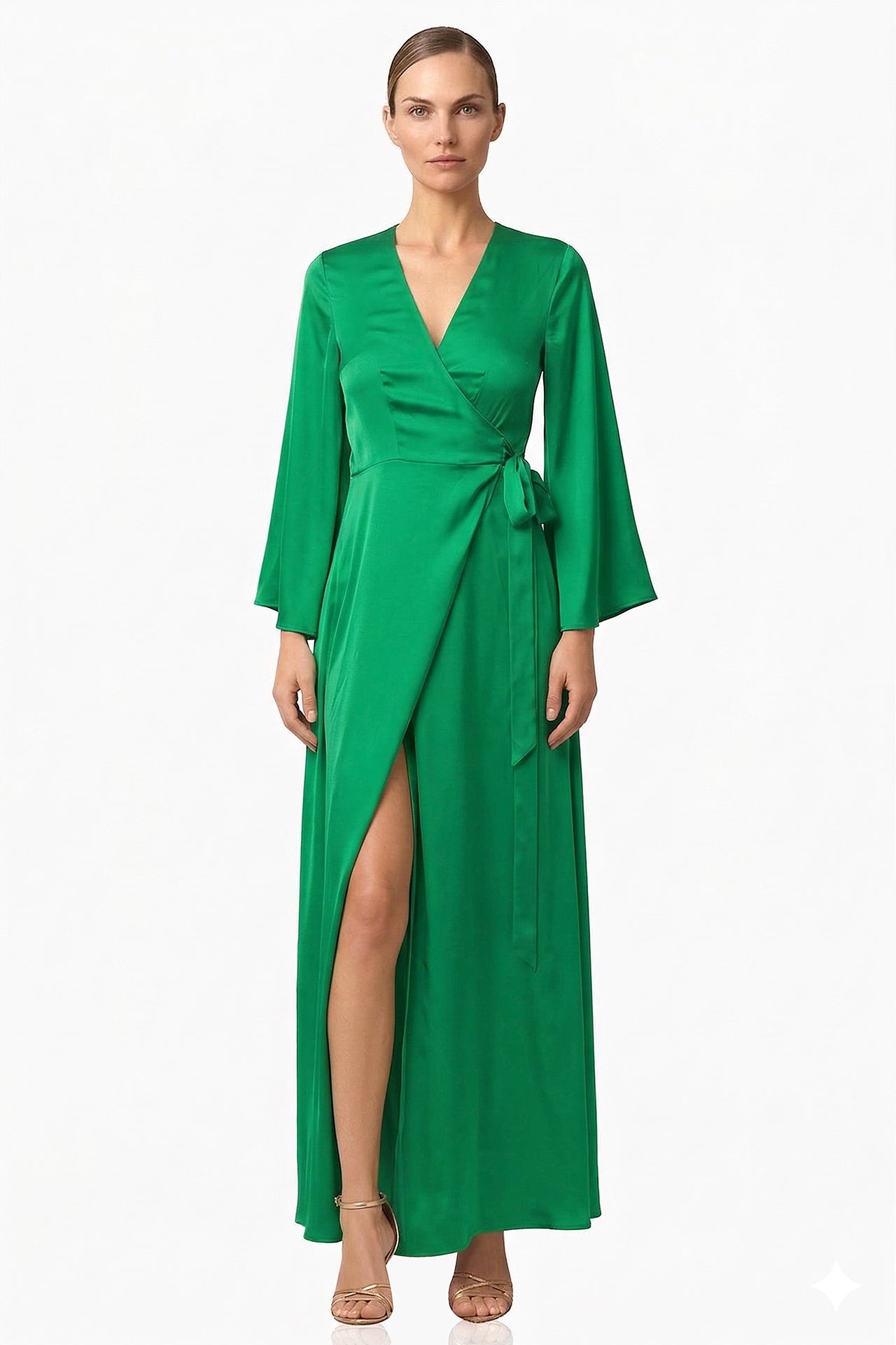 S Emerald Green Satin Wrap Maxi Dress – Elegant Spring Summer Occasion Dress