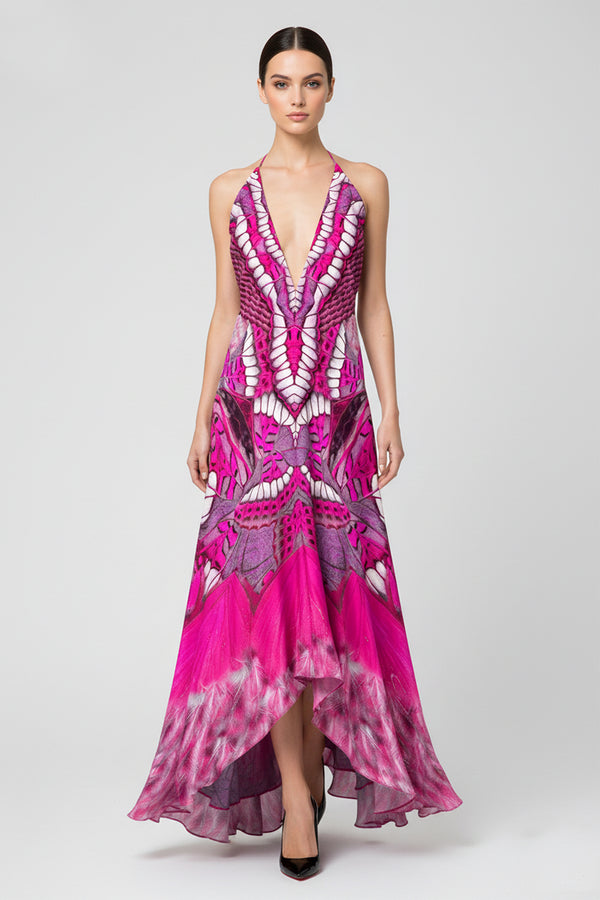 fuchsia floral maxi dress One Size Floral Fuchsia Silk Evening Maxi Dress