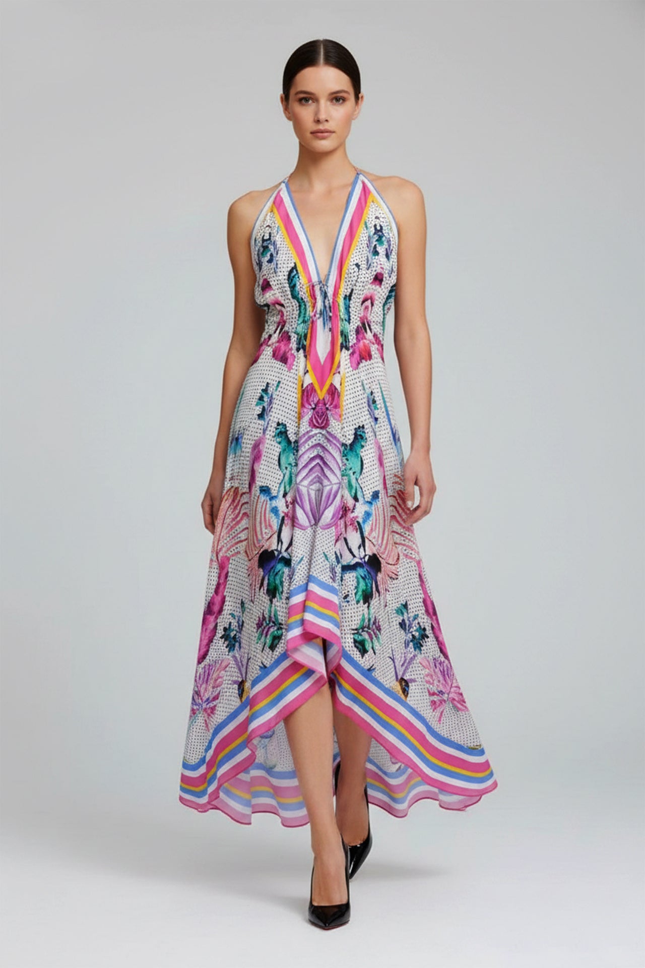 floral halter high low dress Maxi puff