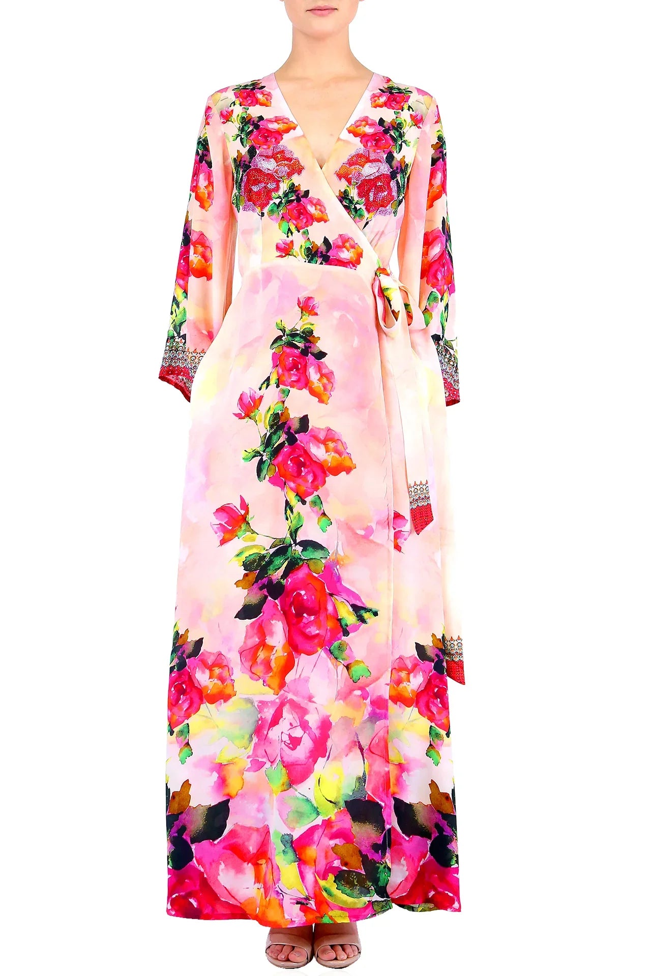 long sleeve floral wrap maxi dress Hope & Ivy Samantha Flutter Sleeve Maxi Wrap Dress