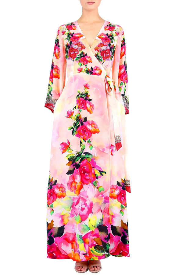 Floral Pink Wrap Maxi Dress with Sleeves