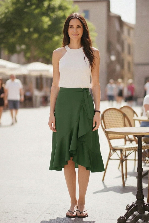 deep green satin ruffle side cami midi dress S Forest Green Satin Wrap Skirt – Elegant Midi Ruffle Skirt
