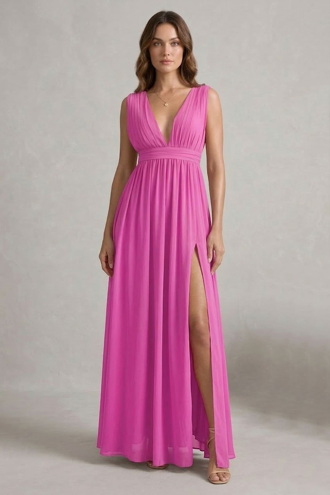 fuchsia dress bridesmaid S / With Slit Fuchsia V-Neck Bridesmaid Dress – Bold Pink Elegant Maxi Gown