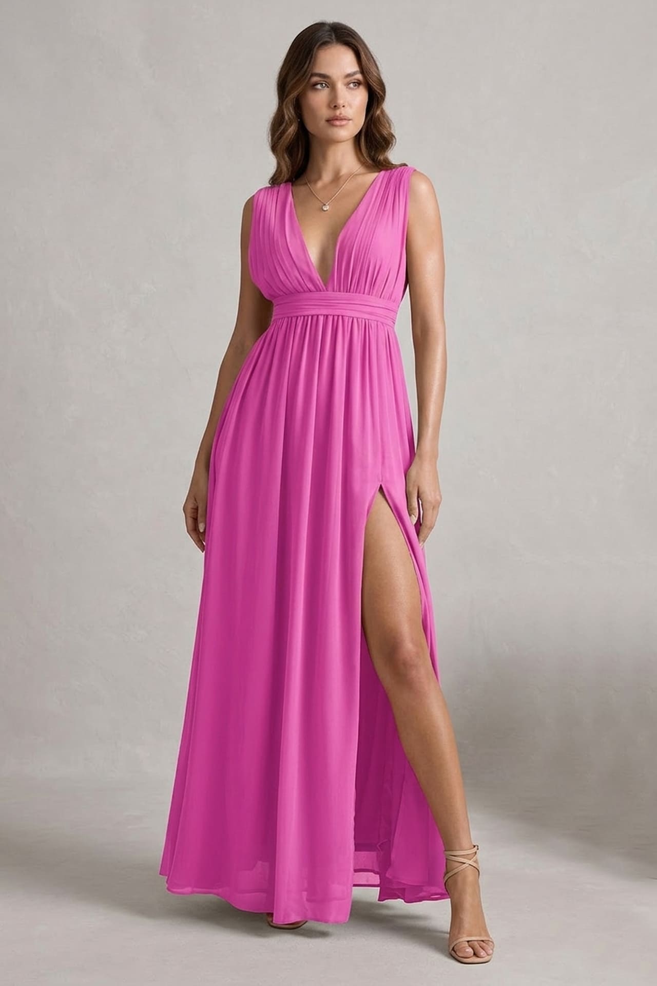 blue dress for baby girl Fuchsia Color Bridesmaid Dress Spaghetti Straps Pleated Sleeveless V-Neck  Long Stretch Satin Bridesmaid Dresses main image 0