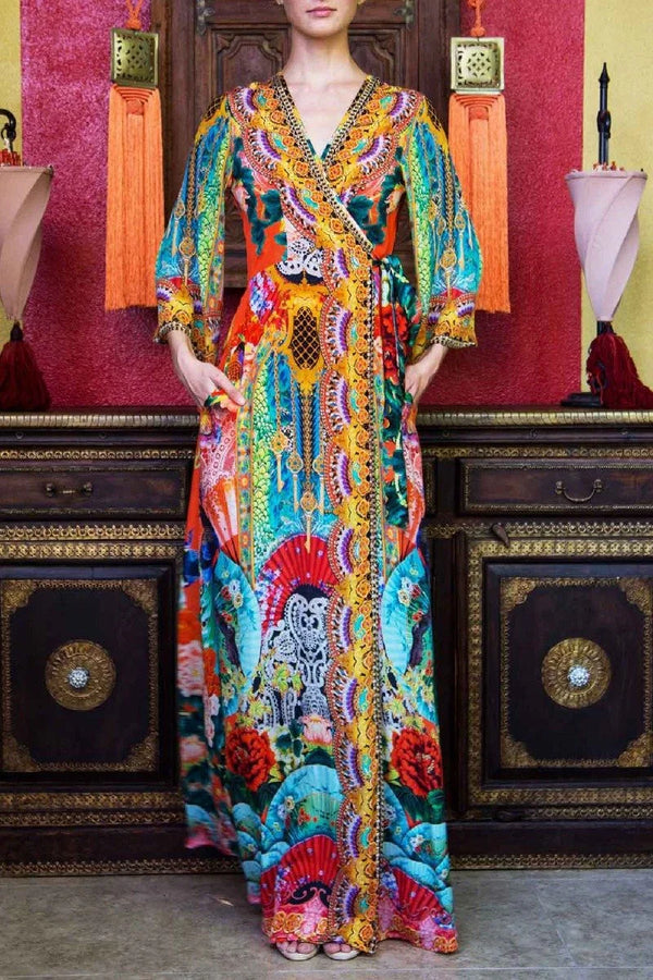 chinese dress ladies Geisha Print Wrap Maxi Dress for Women