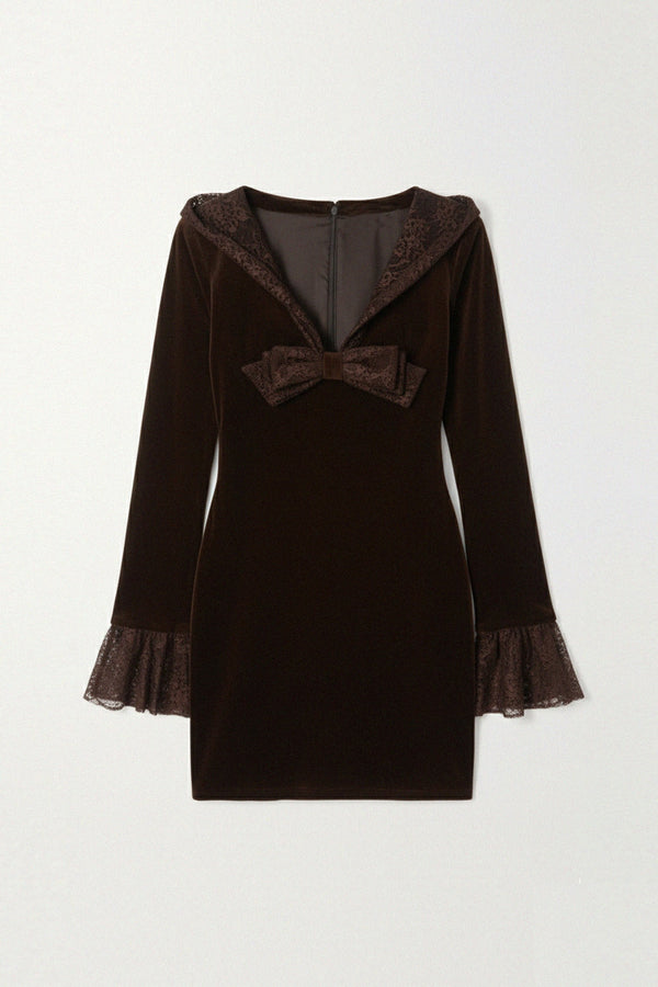 S Brown Velvet Mini Dress with Lace & Bow S Brown Velvet Mini Dress with Lace & Bow