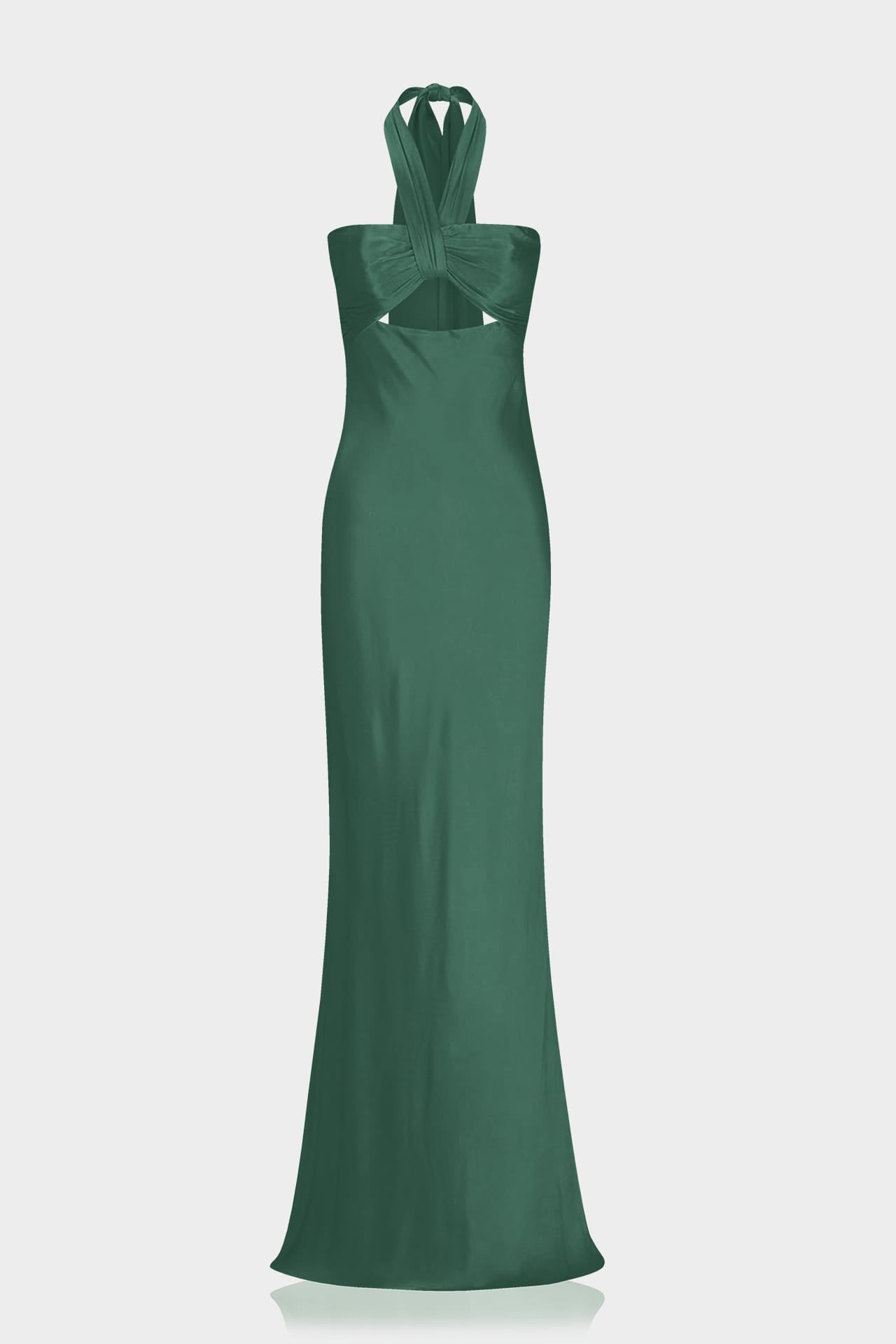 S Hunter Green Matte Satin Halter Maxi Dress with Twist Front & Open Back