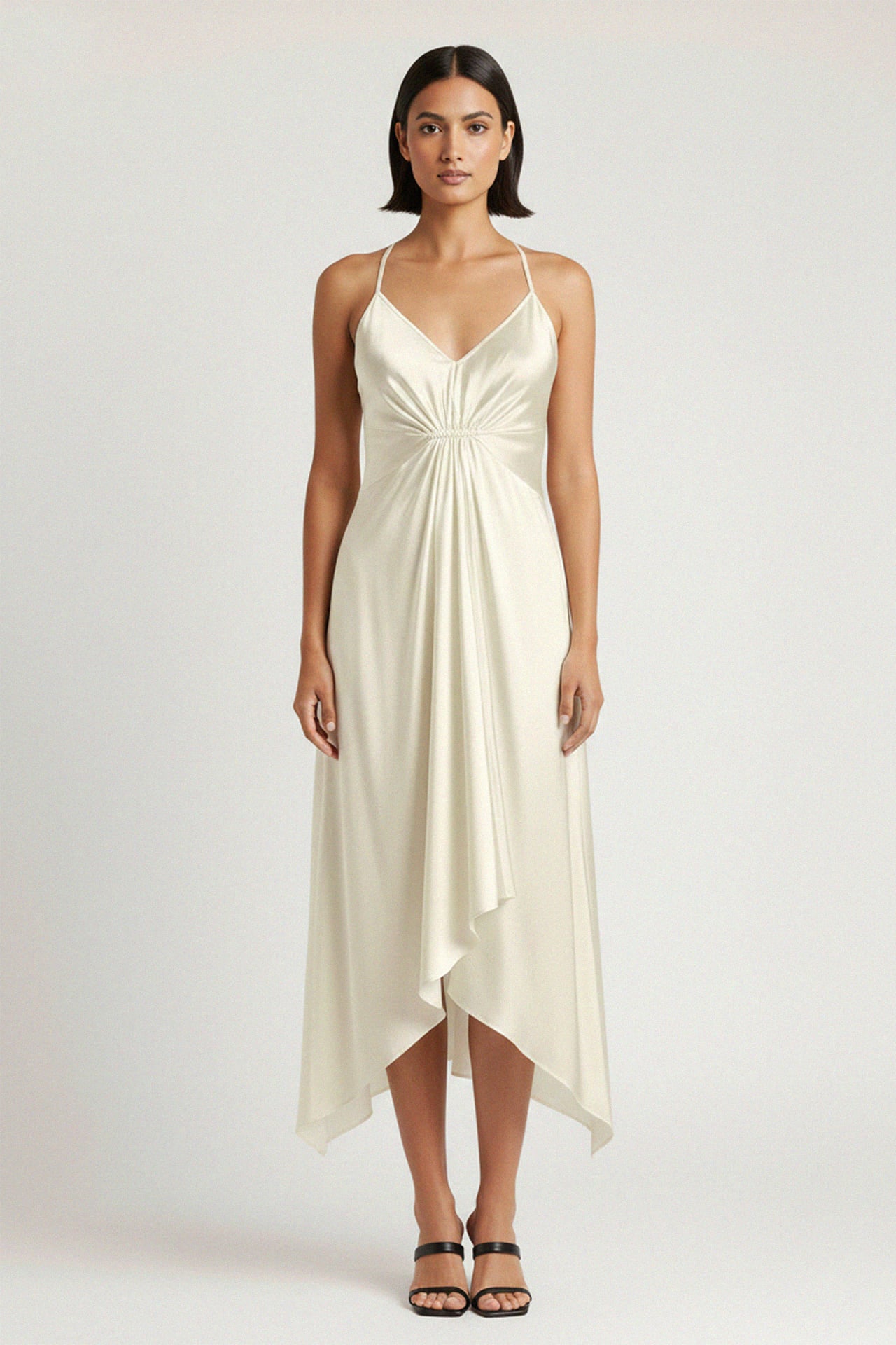 Ivory Asymmetrical Spaghetti Strap Midi Dress | Shahida – Shahida